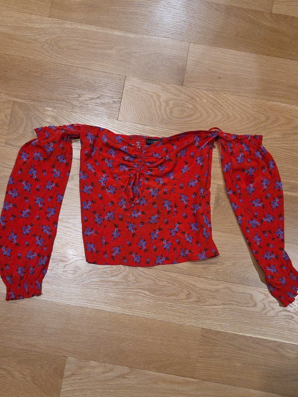 INTERMIX Red Floral Smelled Off The Shoulder Silk Top
